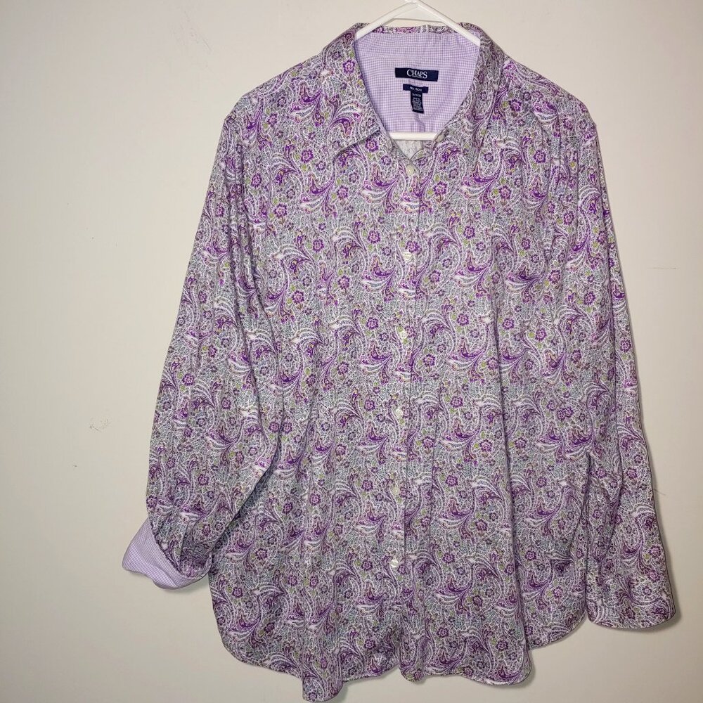 CHAPS No Iron Floral Paisley Button Down Long Sleeves Shirt Sz 1X Purple